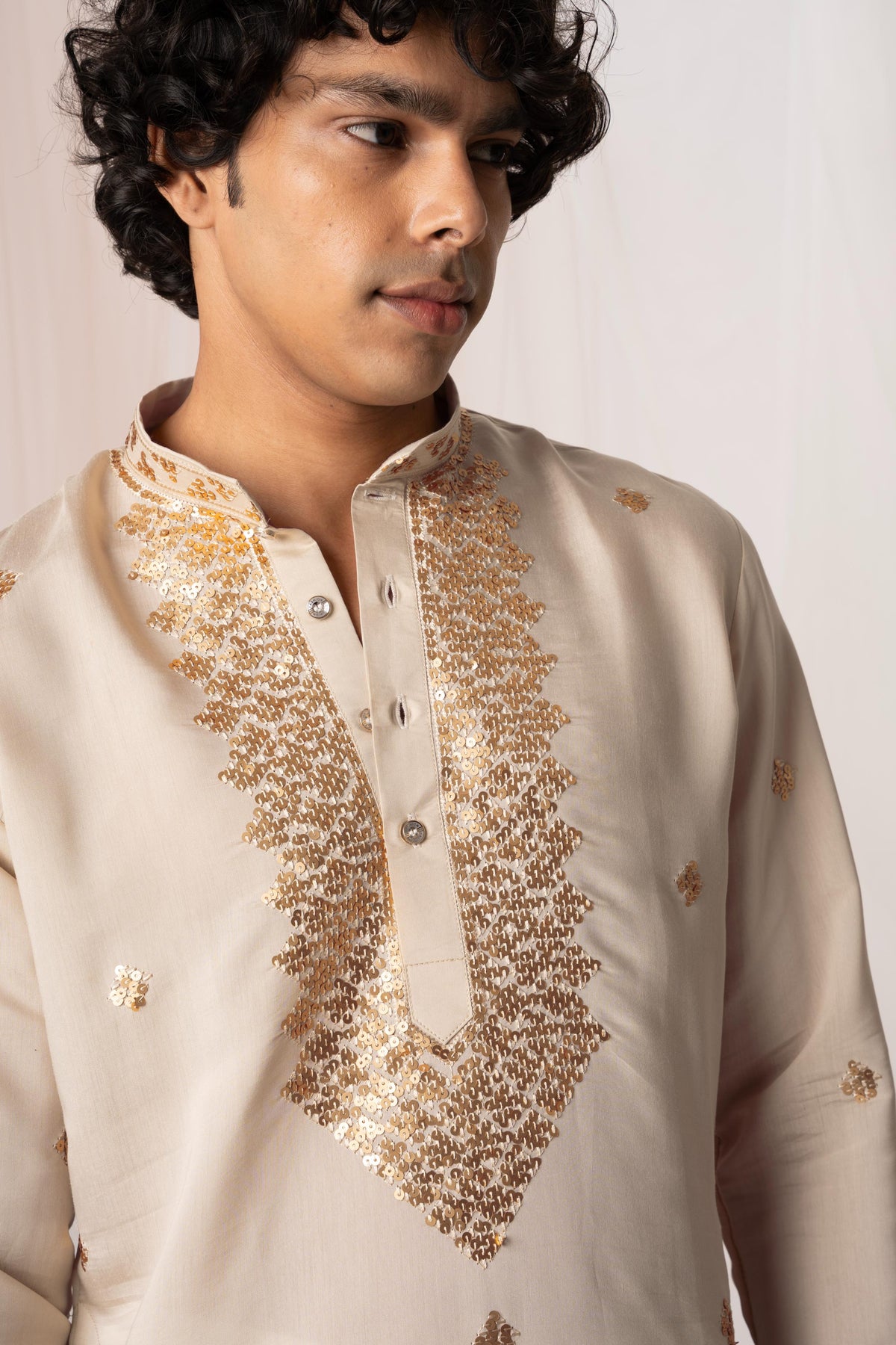 Beige Sequence Embroidery Kurta for Men