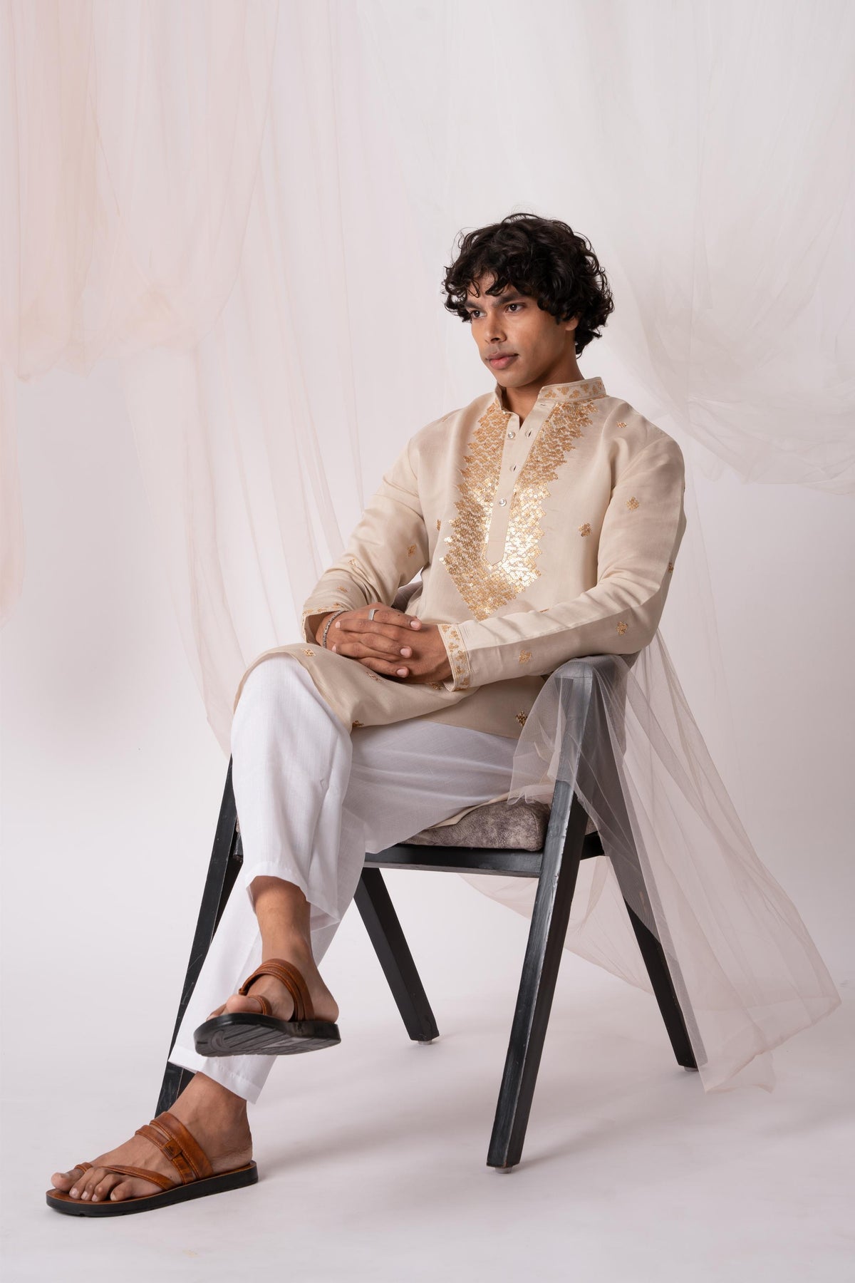 Beige Sequence Embroidery Kurta for Men