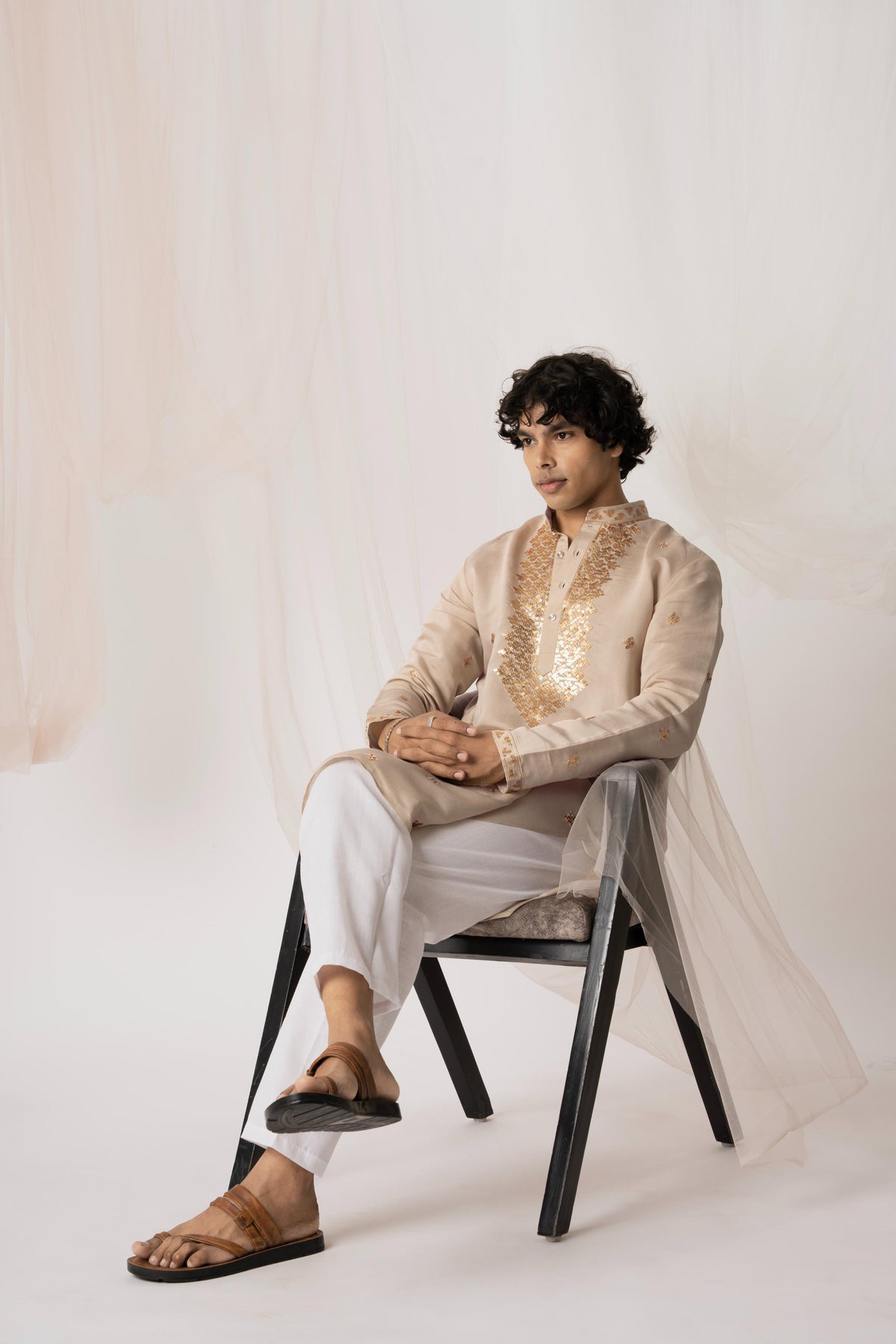 Beige Sequence Embroidery Kurta for Men