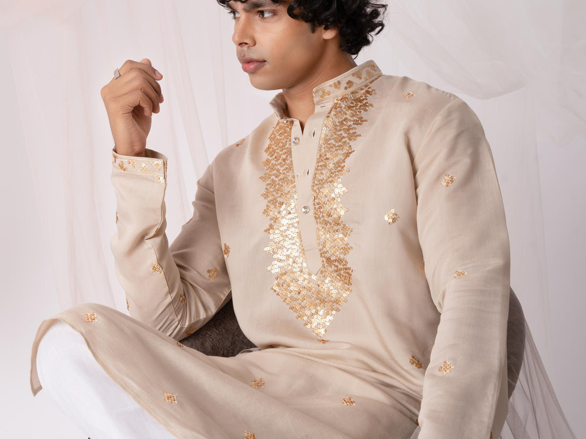 Beige Sequence Embroidery Kurta for Men