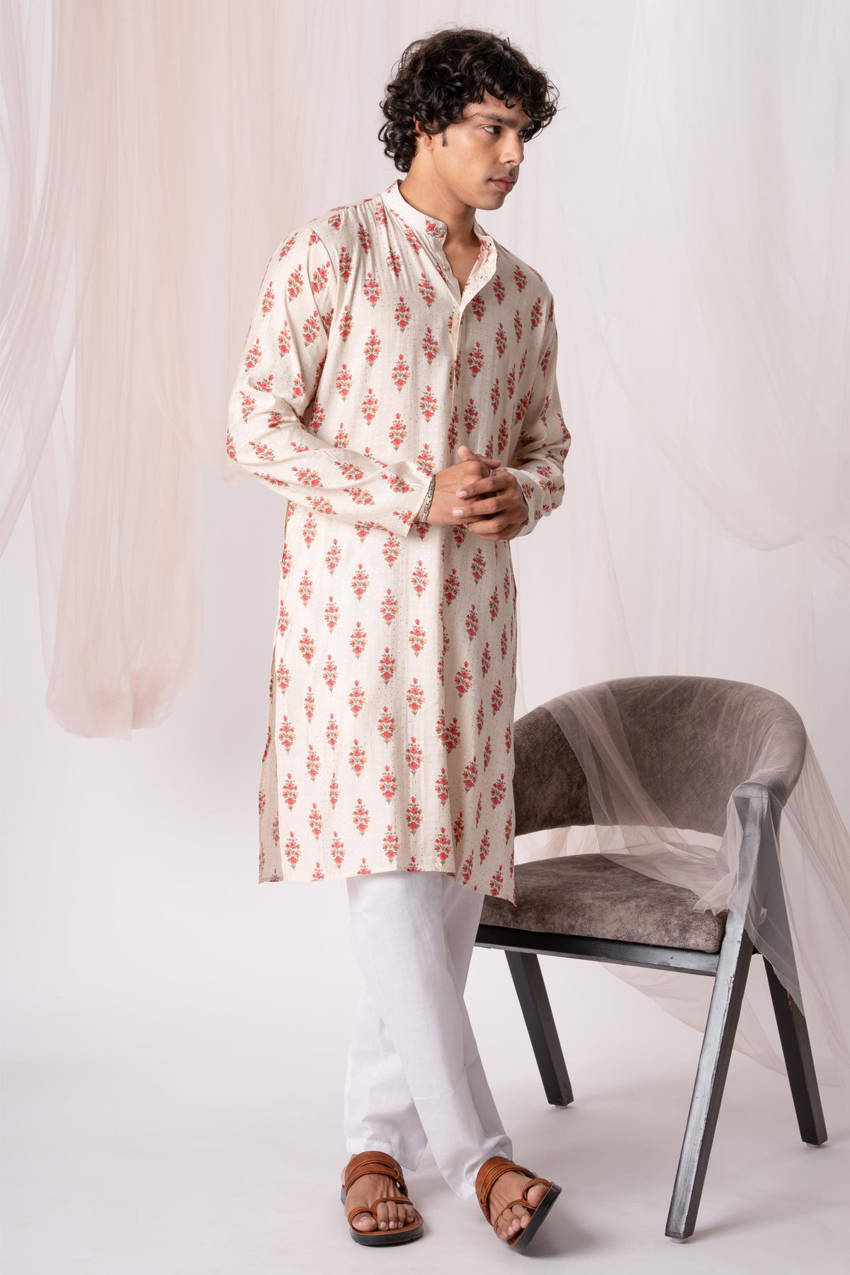 Creamy Peach Floral Printed Kurta For Men