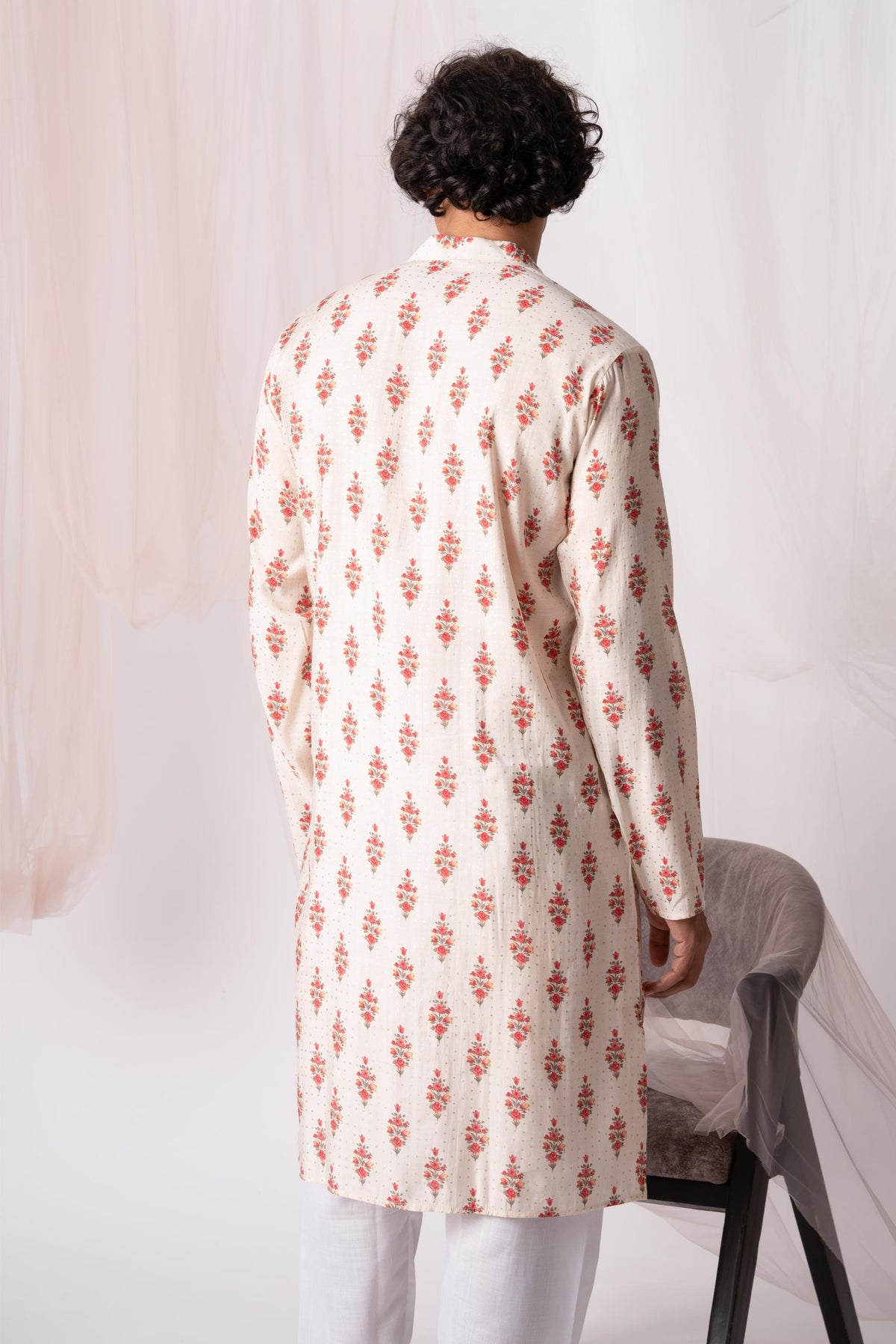 Creamy Peach Floral Printed Kurta For Men