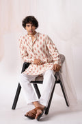 Creamy Peach Floral Printed Kurta For Men