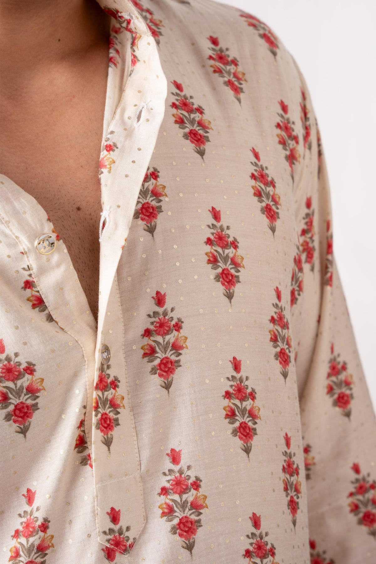 Creamy Peach Floral Printed Kurta For Men