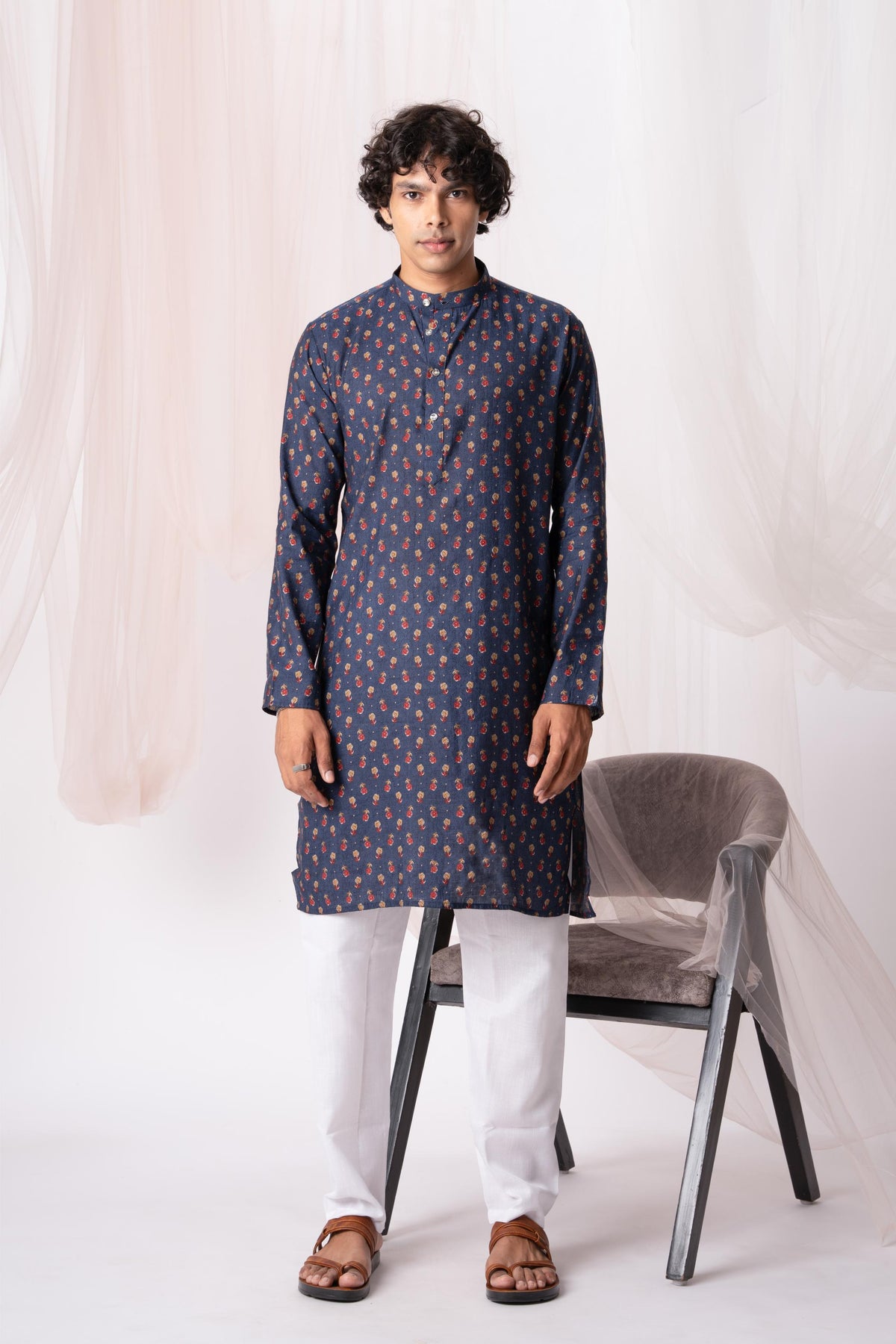 Navy Blue Floral Printed Kurta For Men