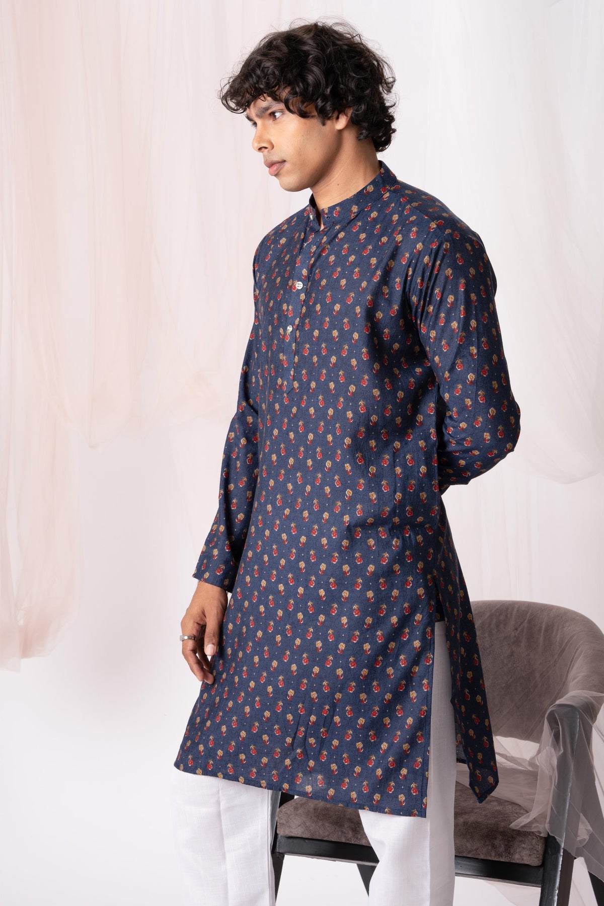 Navy Blue Floral Printed Kurta For Men