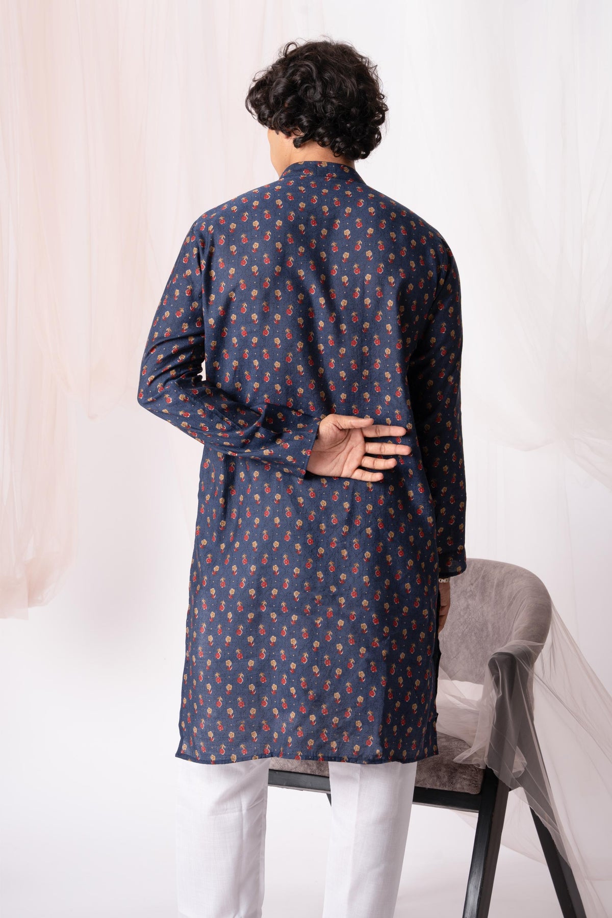 Navy Blue Floral Printed Kurta For Men