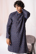 Navy Blue Floral Printed Kurta For Men