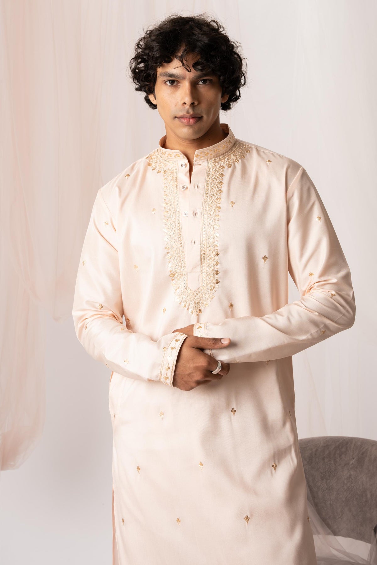 Peach Sequence Embroidery Kurta For Men