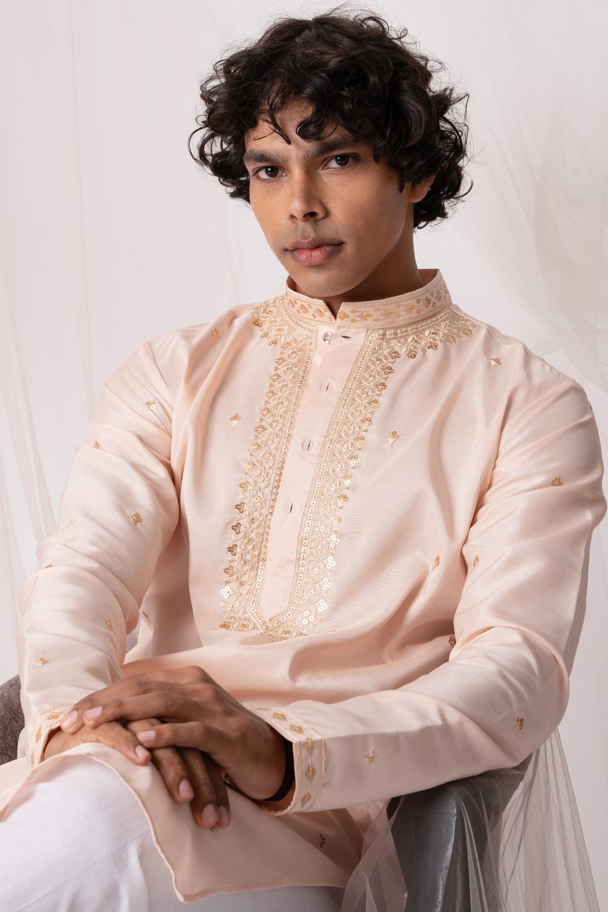 Peach Sequence Embroidery Kurta For Men