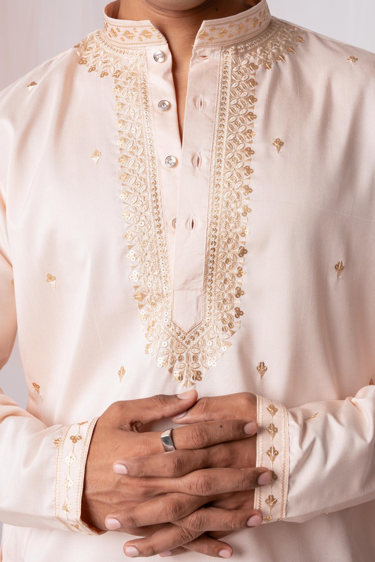 Peach Sequence Embroidery Kurta For Men