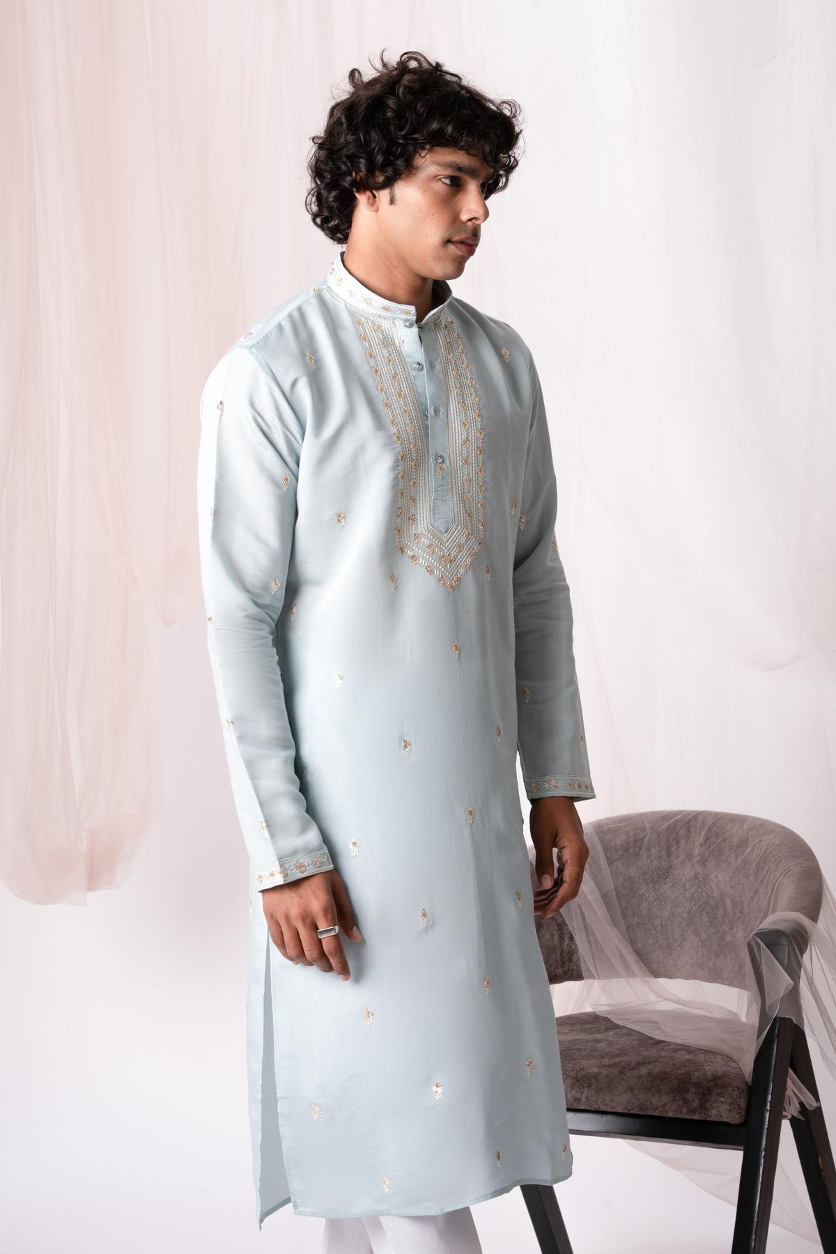 Powder Blue Sequence Embroidery Kurta For Men