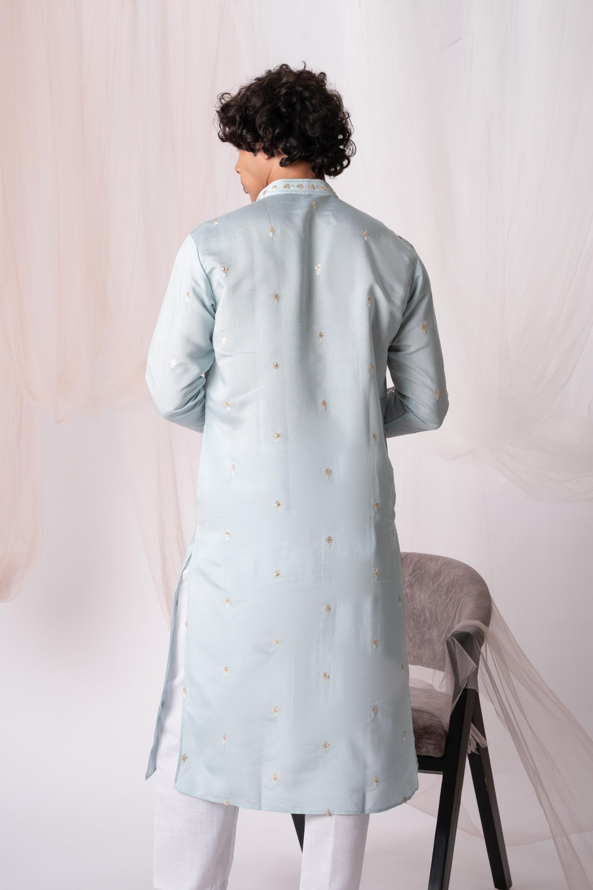 Powder Blue Sequence Embroidery Kurta For Men