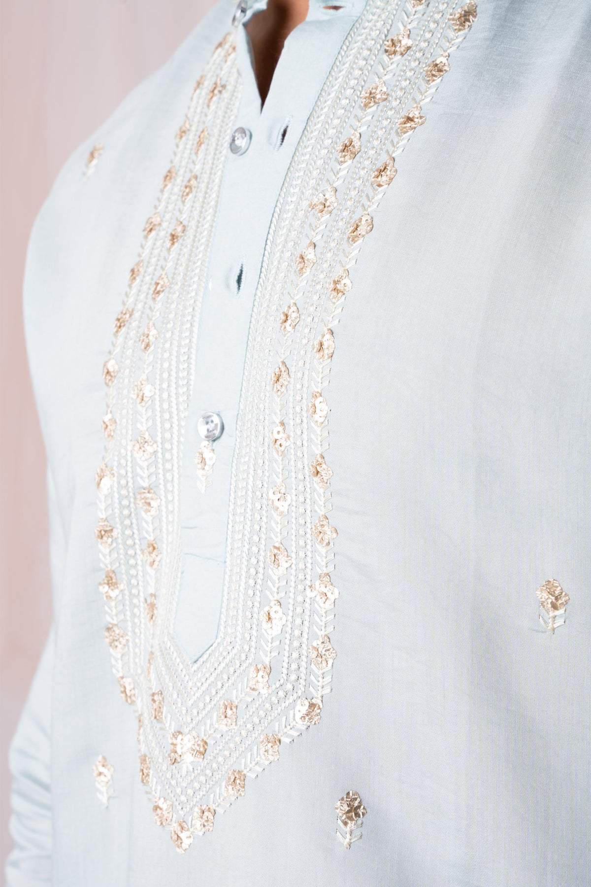 Powder Blue Sequence Embroidery Kurta For Men