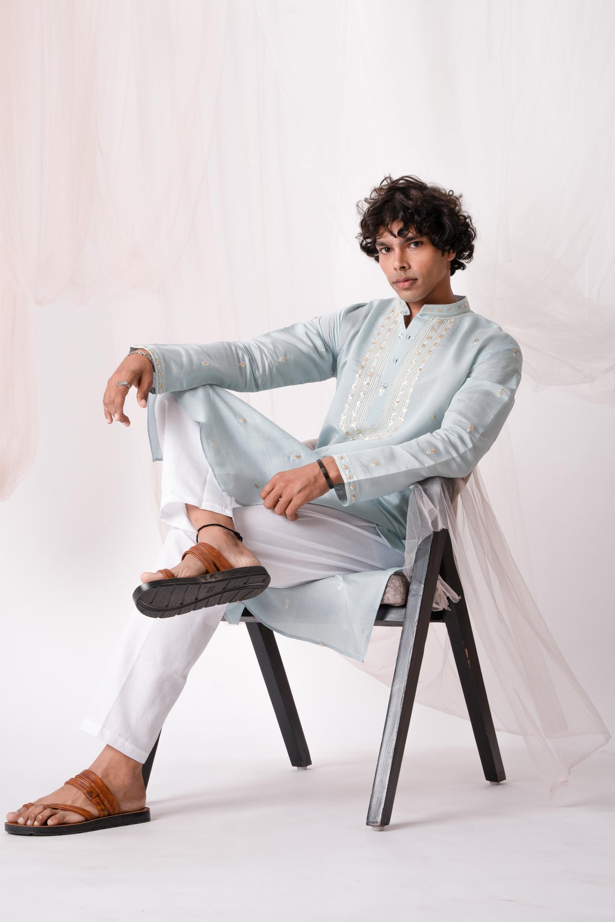 Powder Blue Sequence Embroidery Kurta For Men