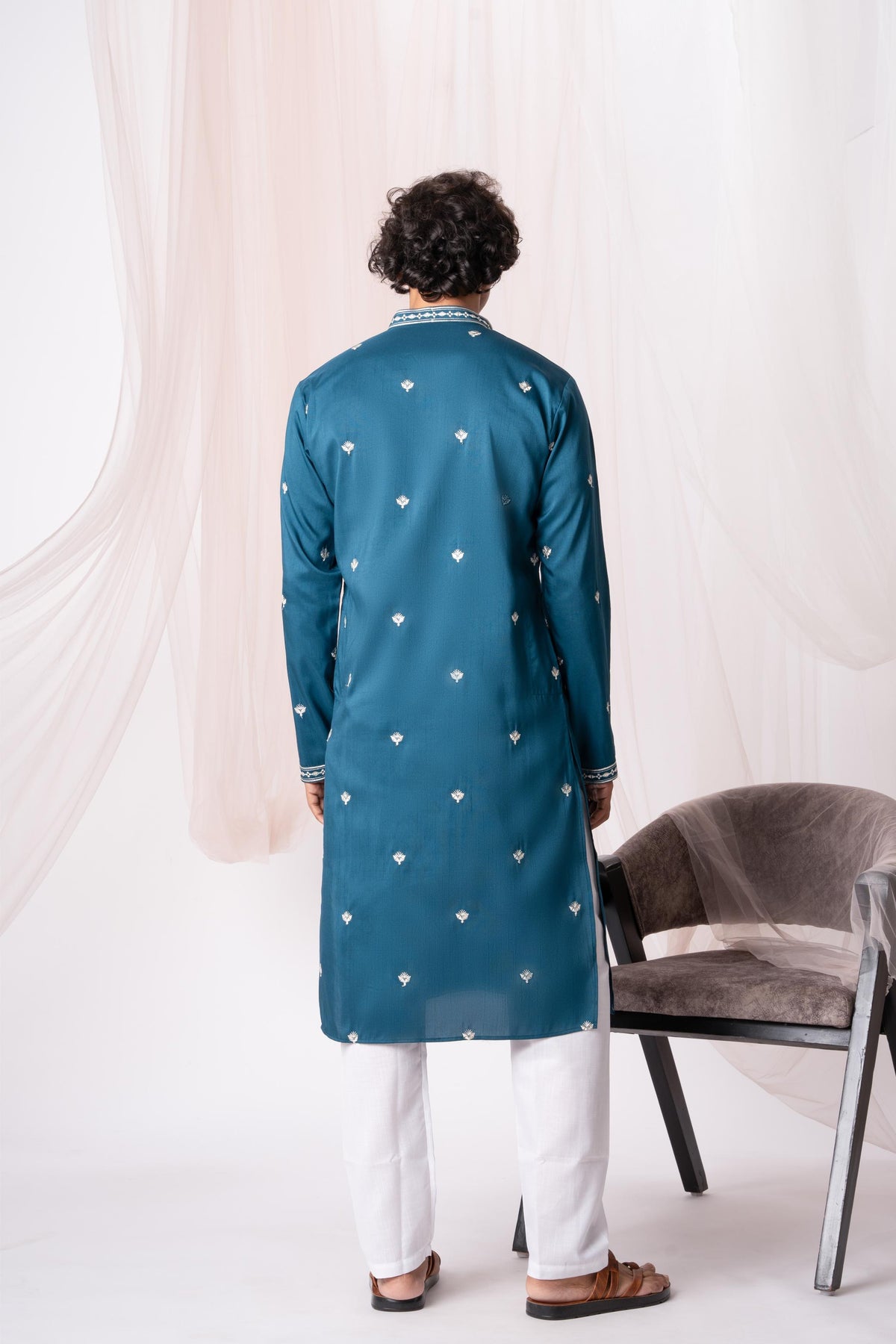 Dark Turquoise Sequence Embroidery Kurta For Men