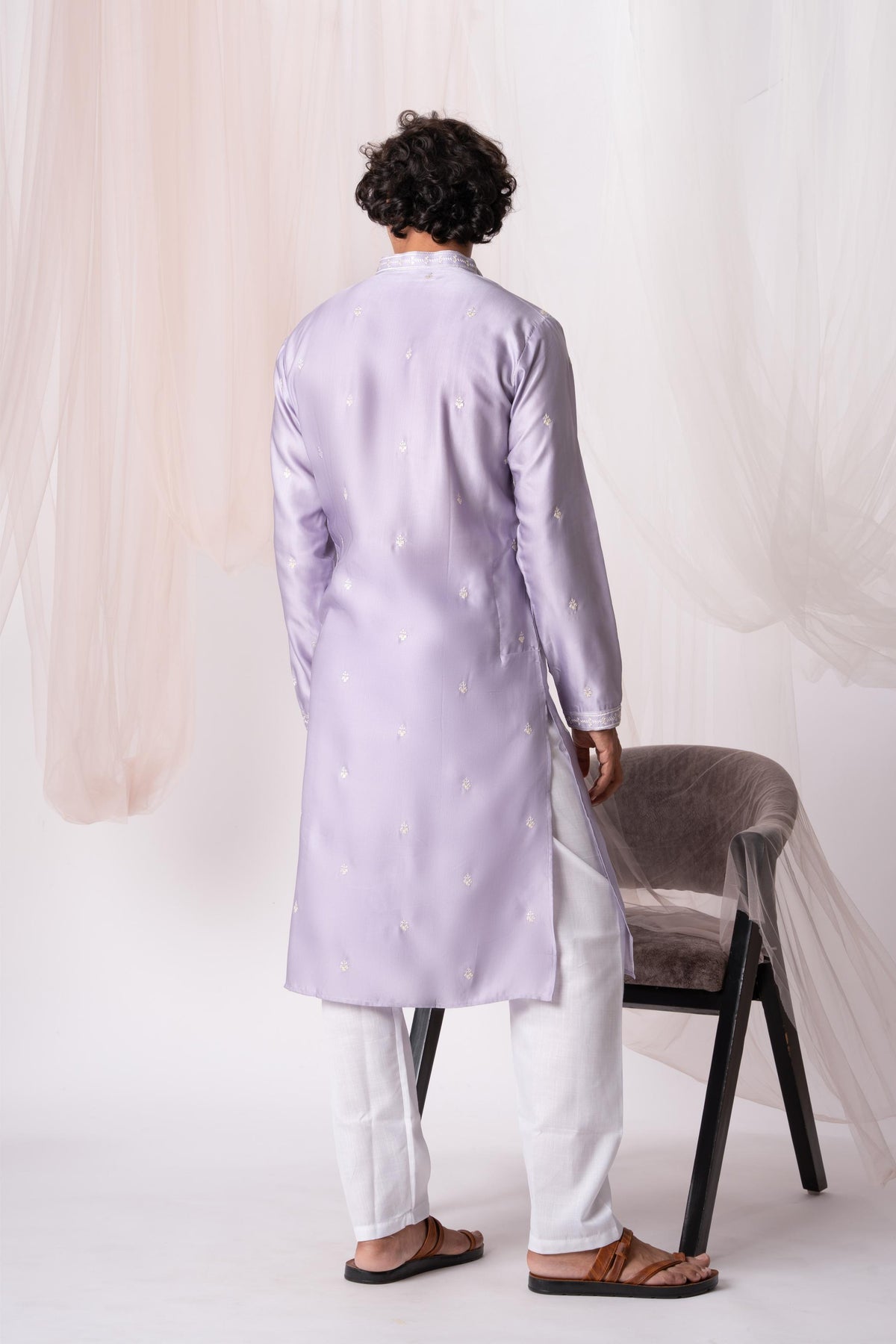 Lilac Sequence Embroidery Kurta For Men