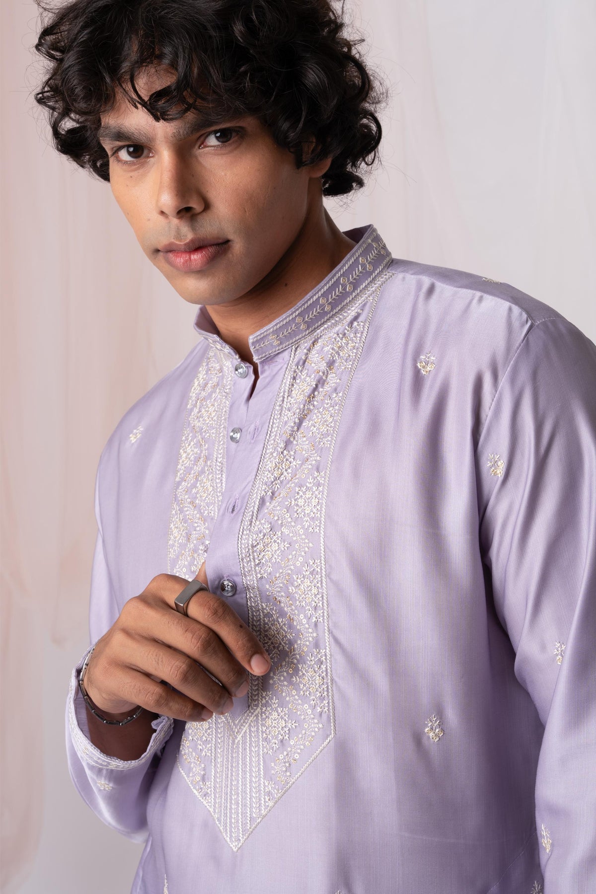 Lilac Sequence Embroidery Kurta For Men