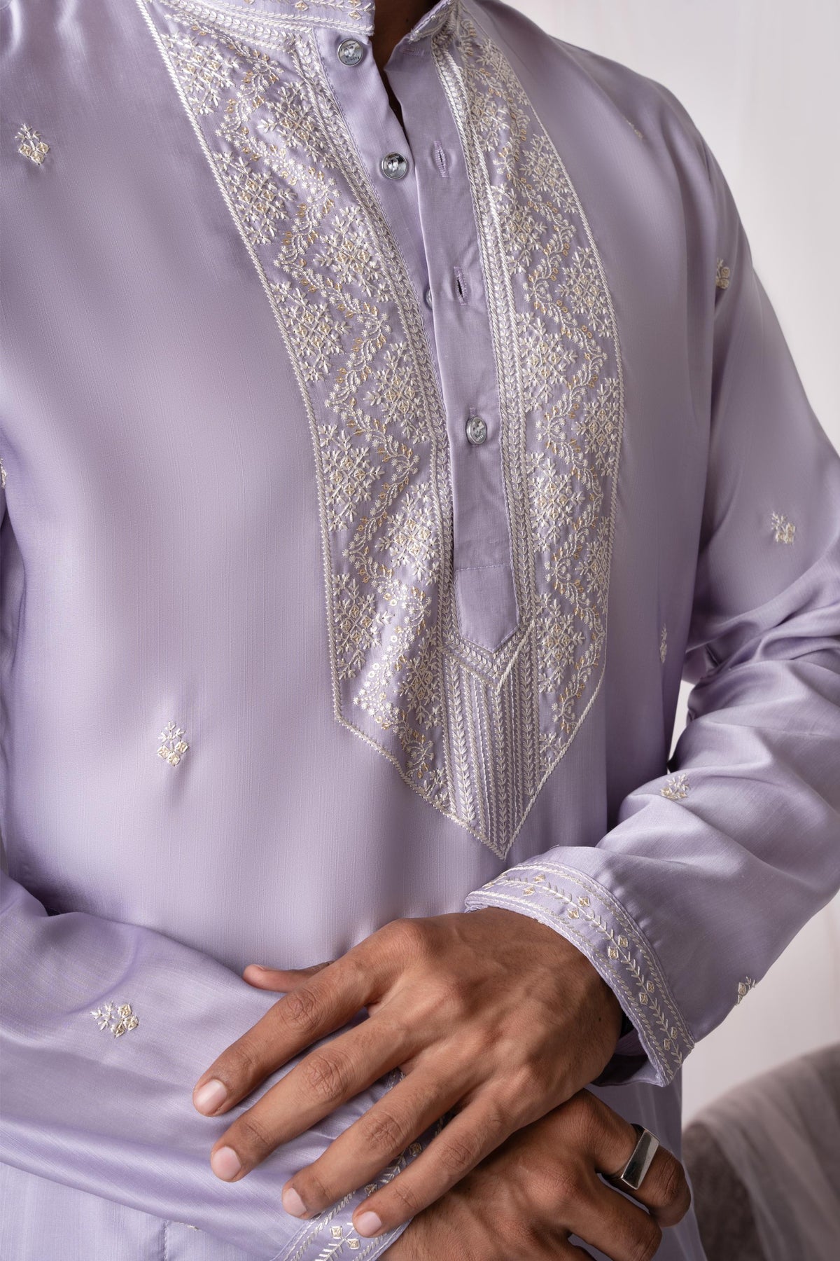 Lilac Sequence Embroidery Kurta For Men