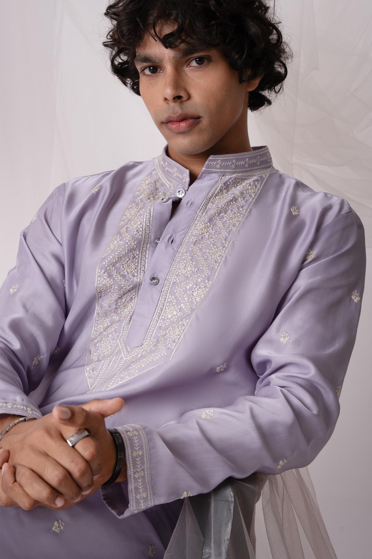 Lilac Sequence Embroidery Kurta For Men