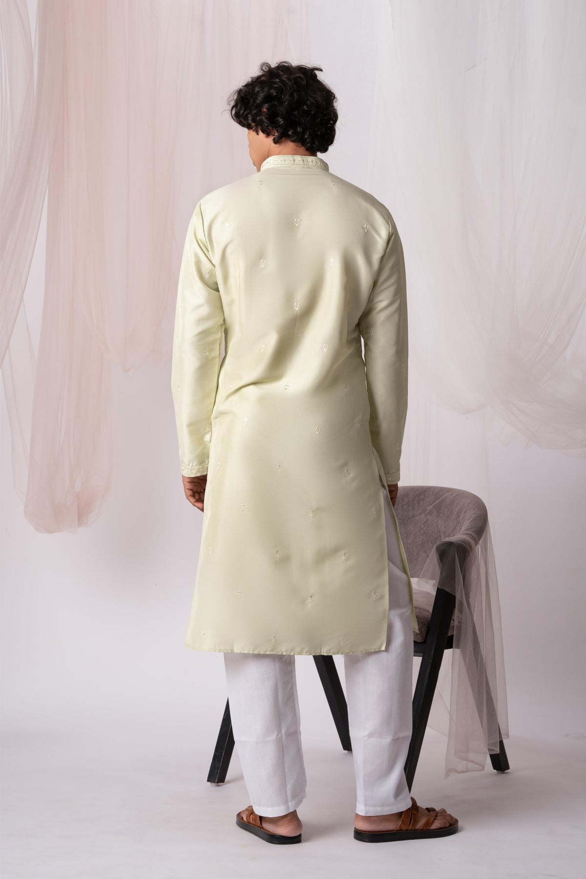 Light Green Sequence Embroidery Kurta For Men