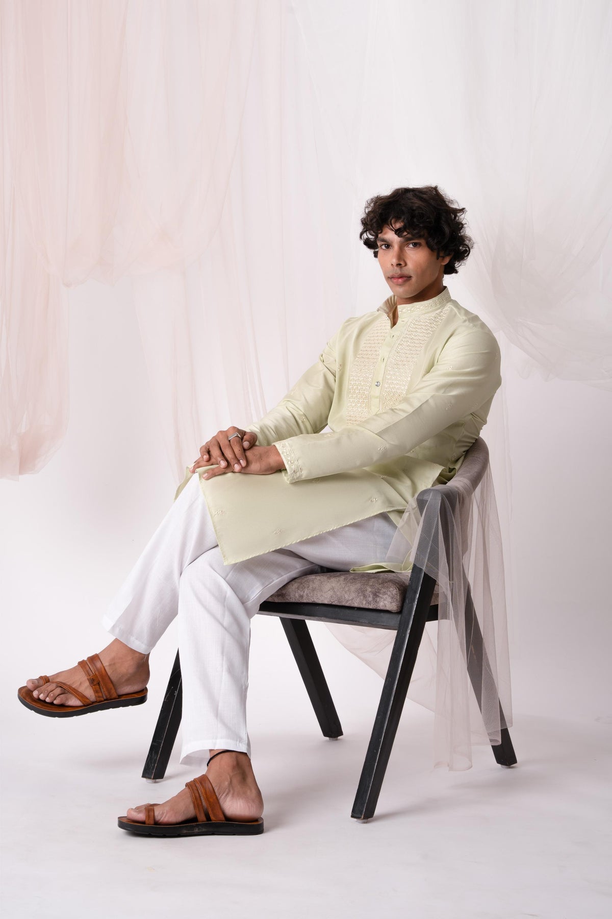 Light Green Sequence Embroidery Kurta For Men