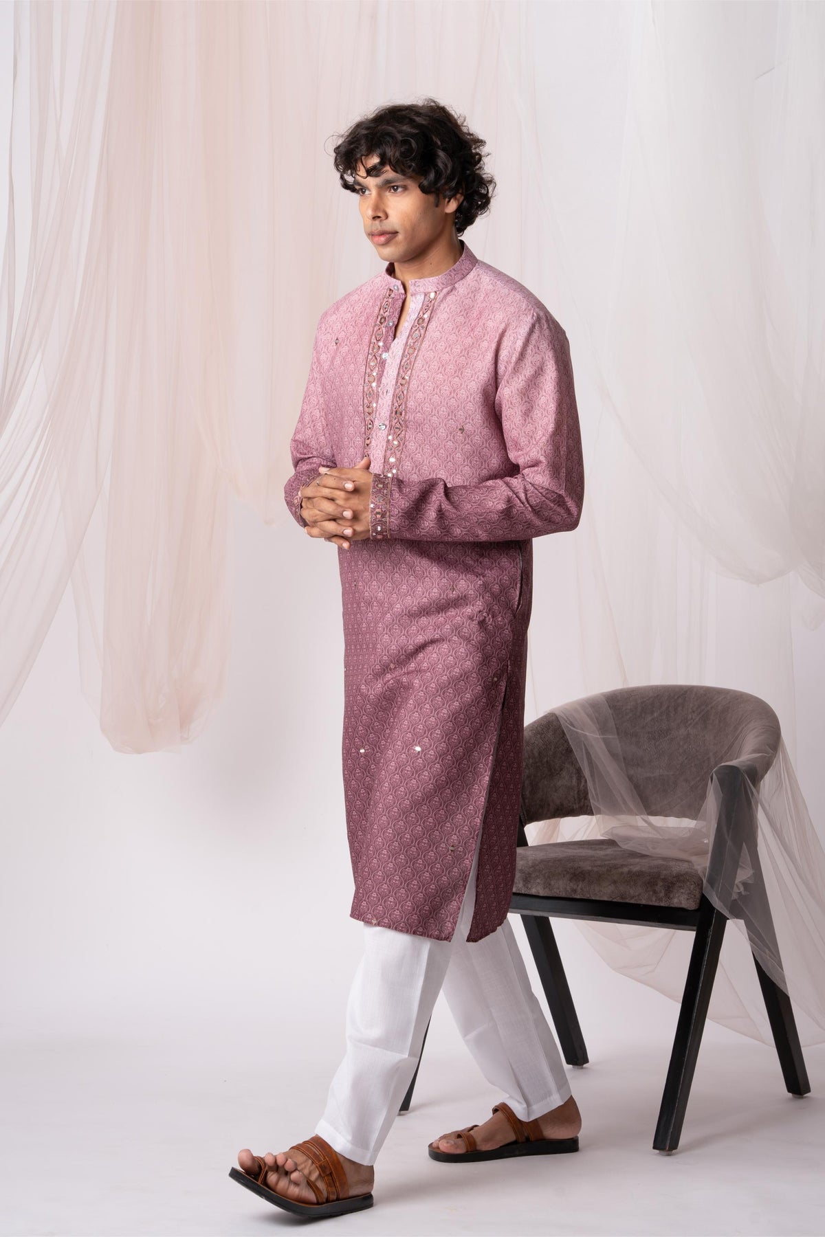 Wine Digital Embroidery Kurta For Men