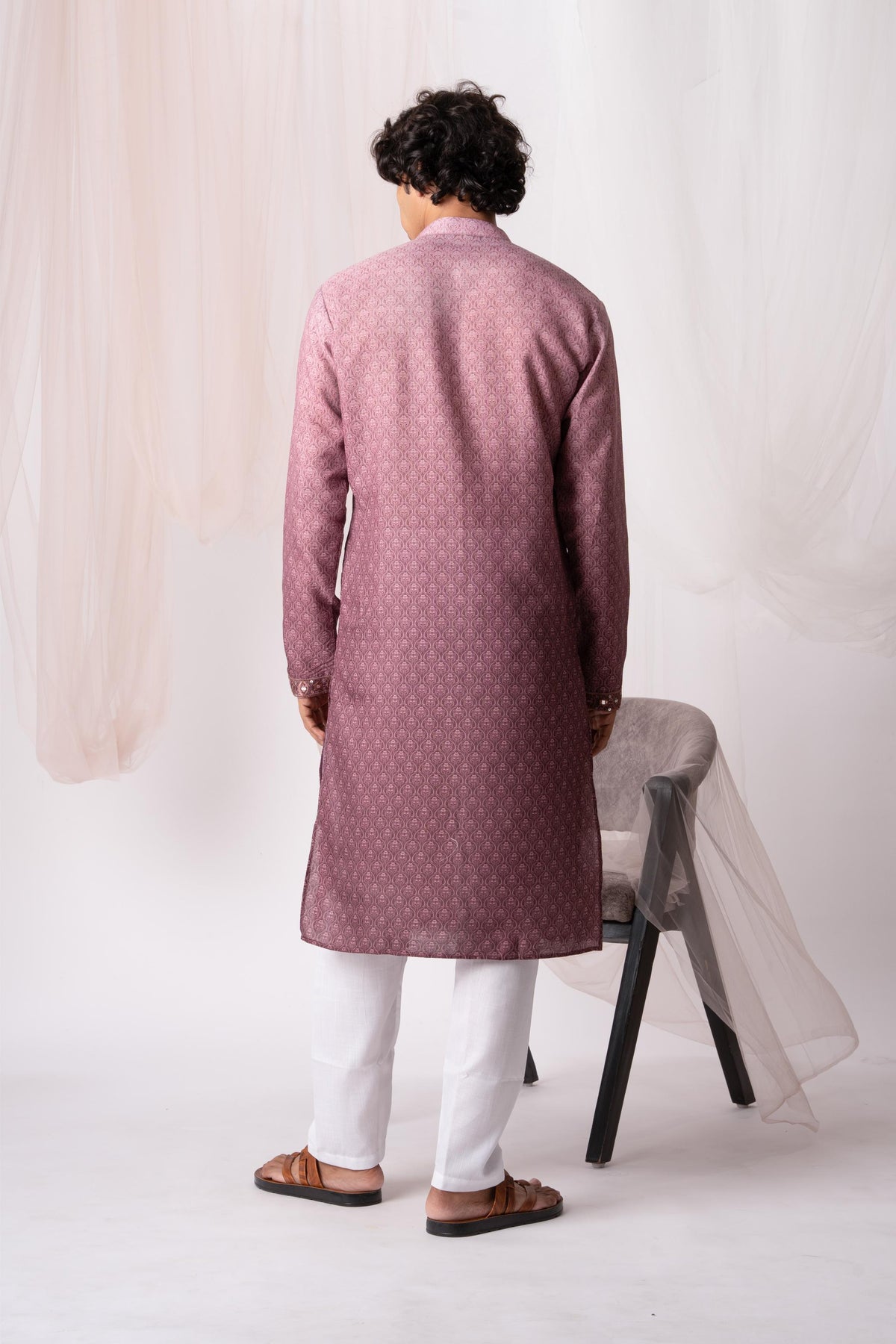 Wine Digital Embroidery Kurta For Men