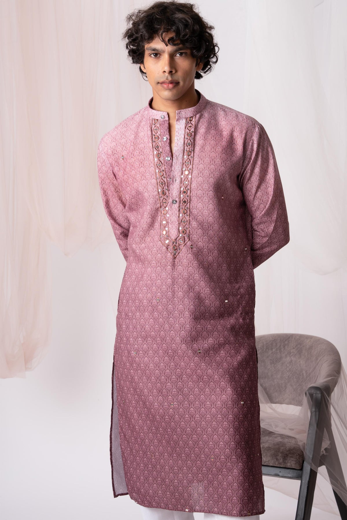 Wine Digital Embroidery Kurta For Men