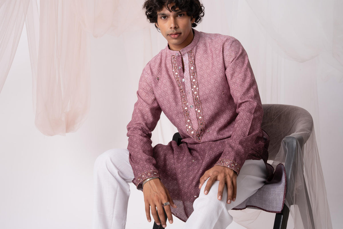 Wine Digital Embroidery Kurta For Men