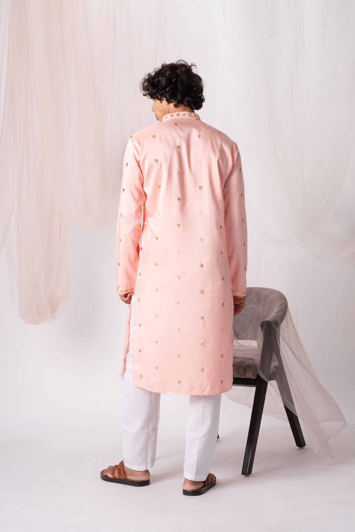 Peach Pink Sequence Embroidery Kurta For Men