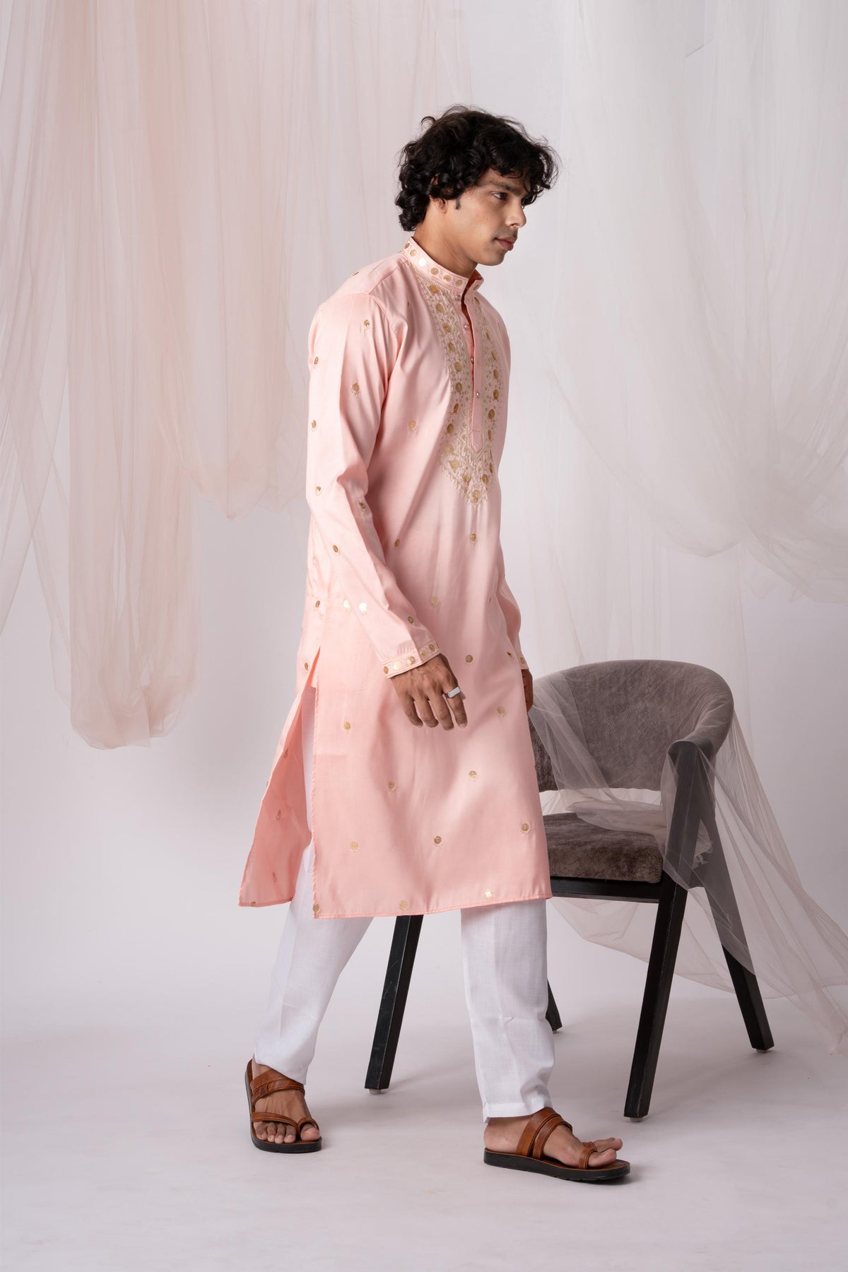 Peach Pink Sequence Embroidery Kurta For Men