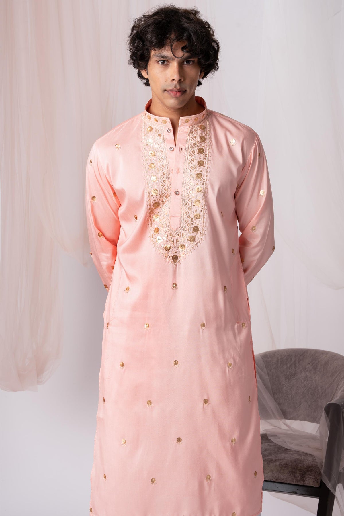 Peach Pink Sequence Embroidery Kurta For Men