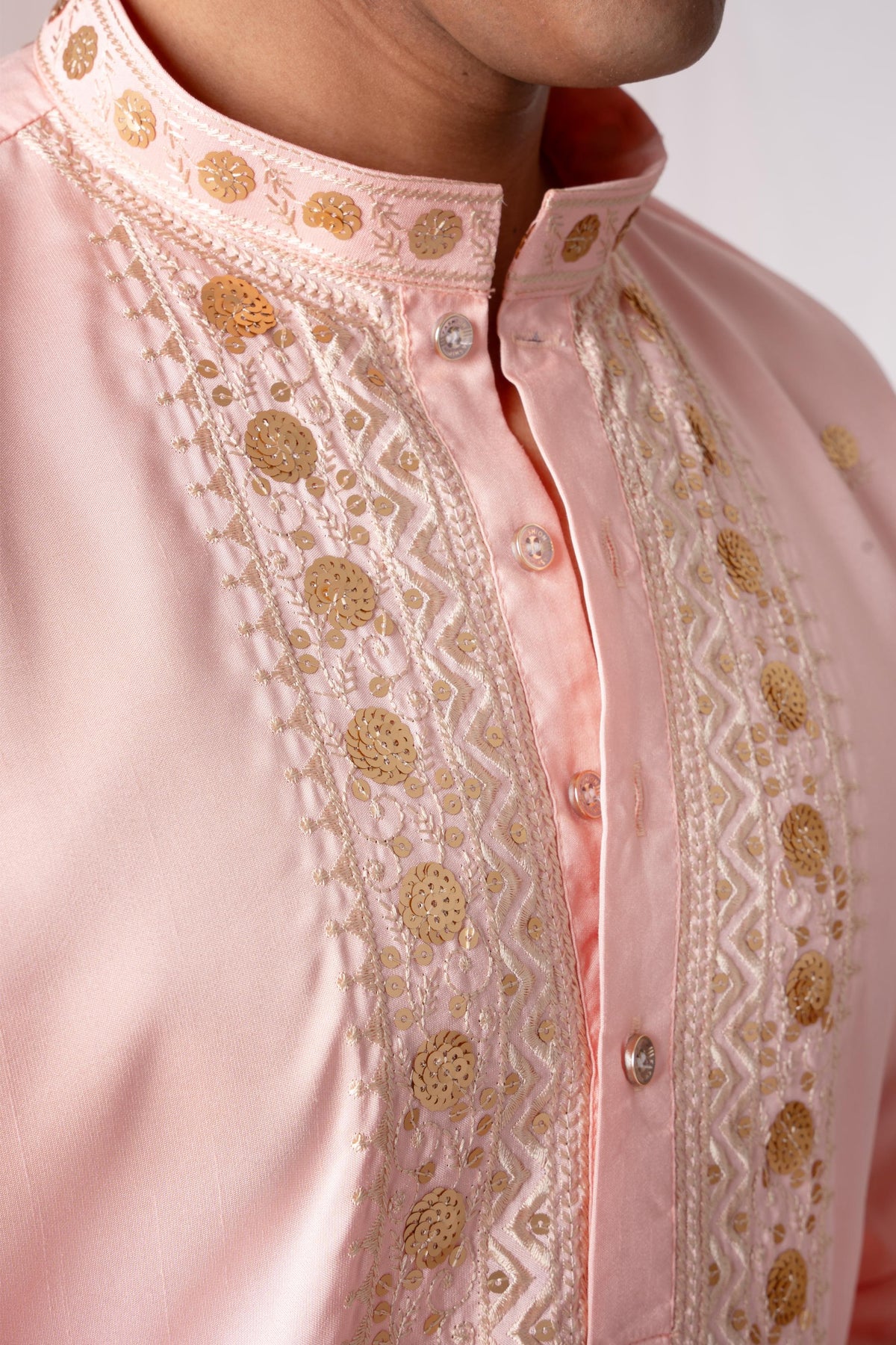 Peach Pink Sequence Embroidery Kurta For Men