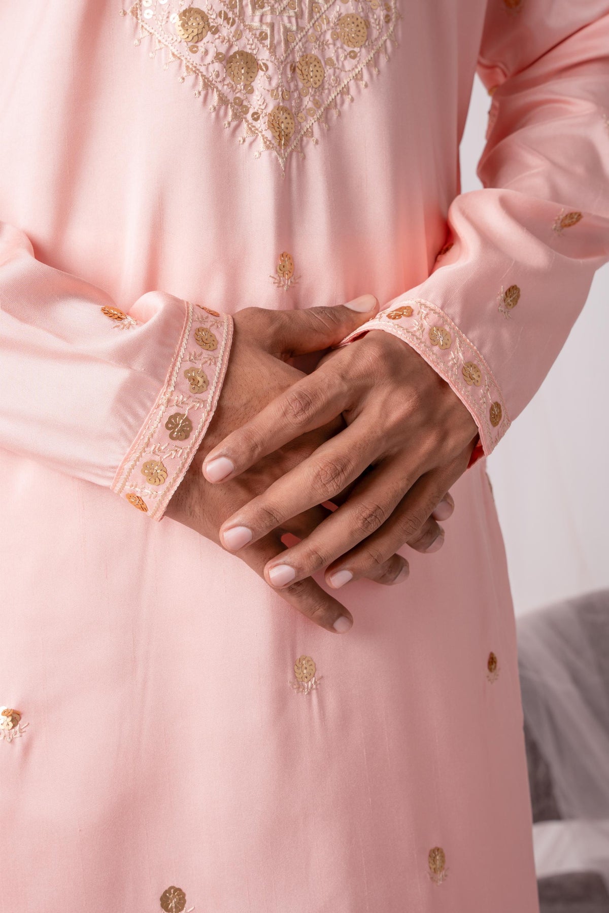 Peach Pink Sequence Embroidery Kurta For Men