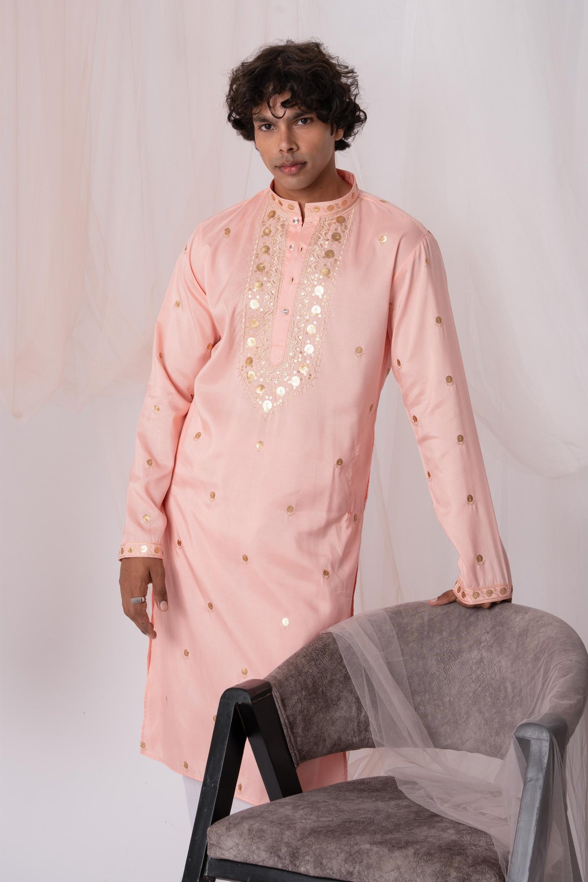 Peach Pink Sequence Embroidery Kurta For Men