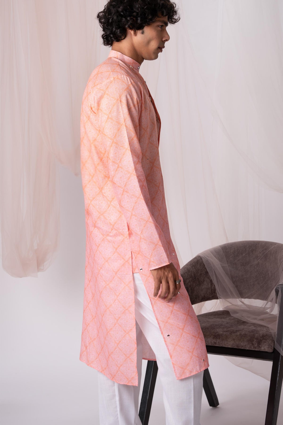 Orangish Pink Digital Embroidery Kurta For Men