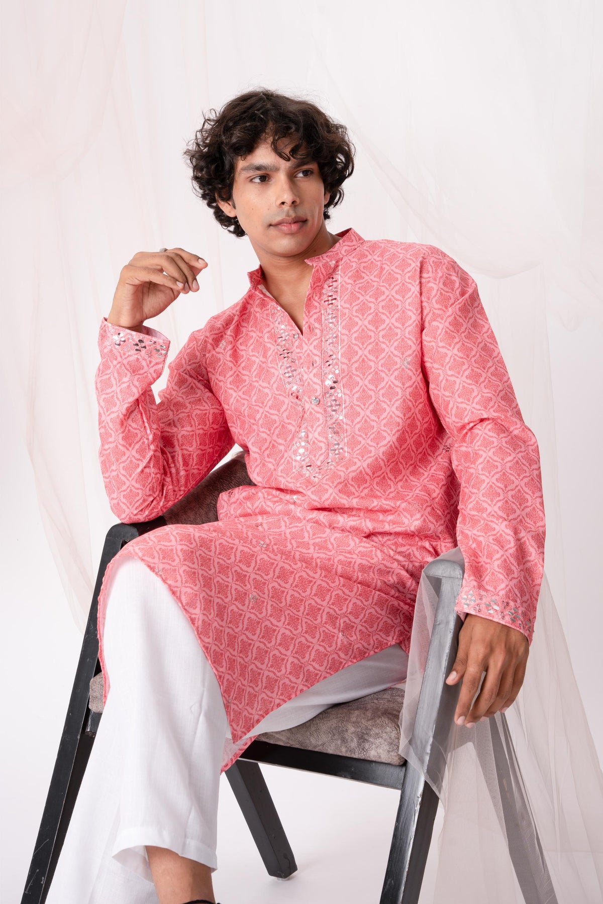 Rose Bud Digital Embroidery Kurta For Men