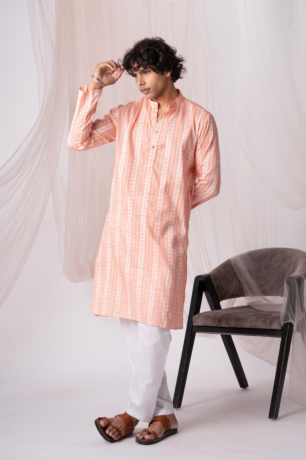 Peach Pure Khadi Kurta For Men