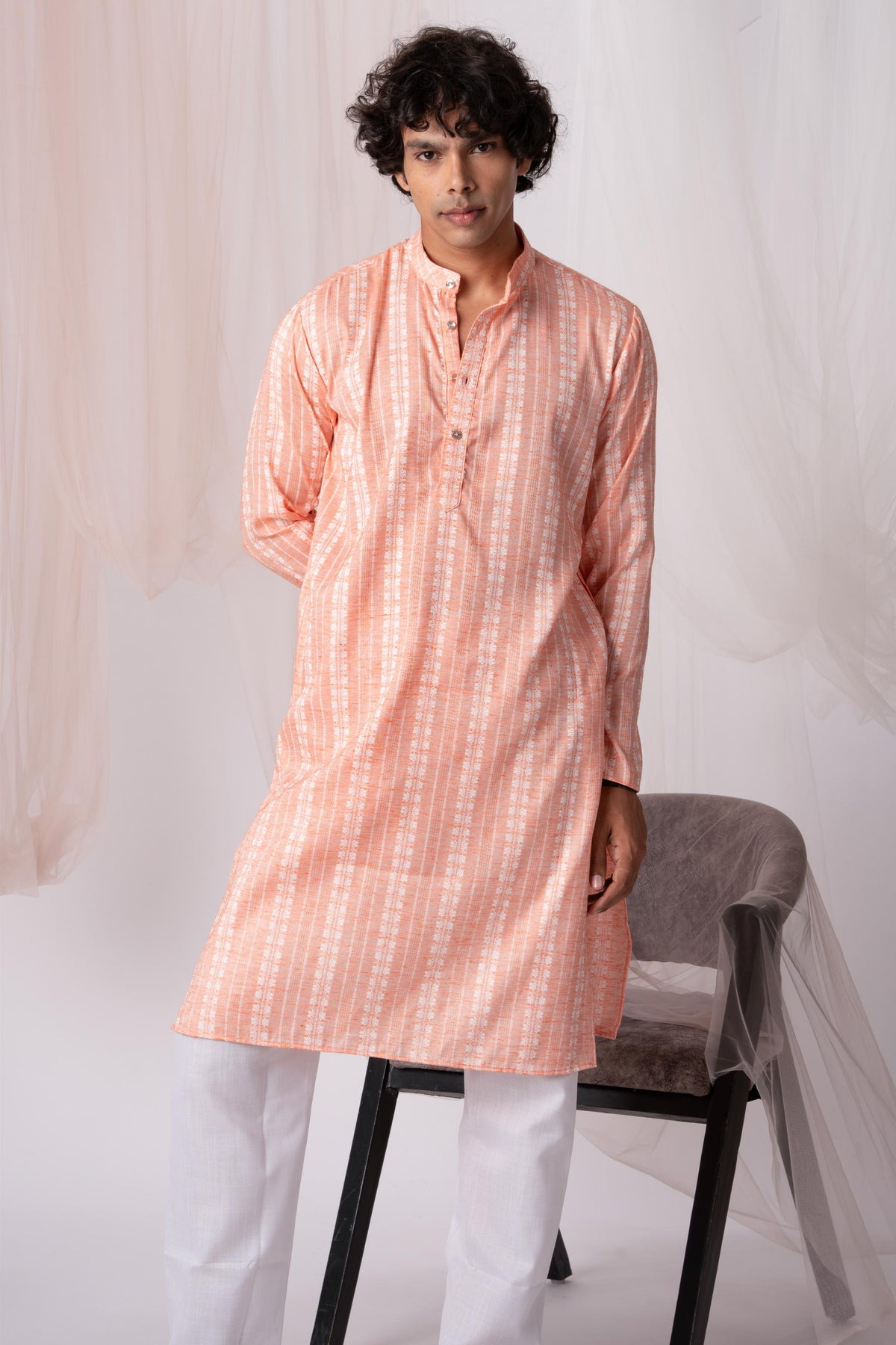 Peach Pure Khadi Kurta For Men