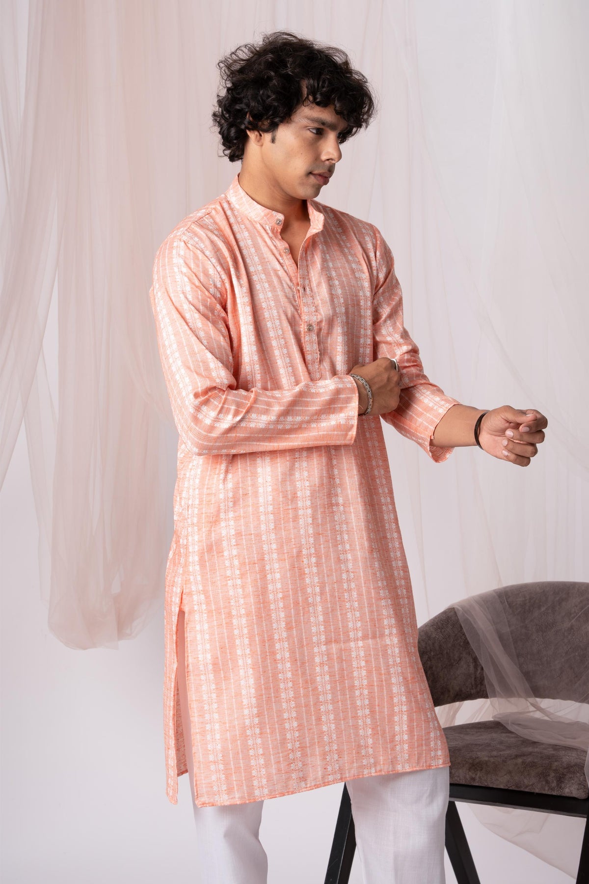 Peach Pure Khadi Kurta For Men