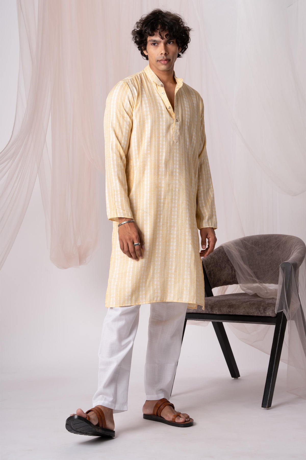 Lemon Yellow Pure Khadi Kurta For Men