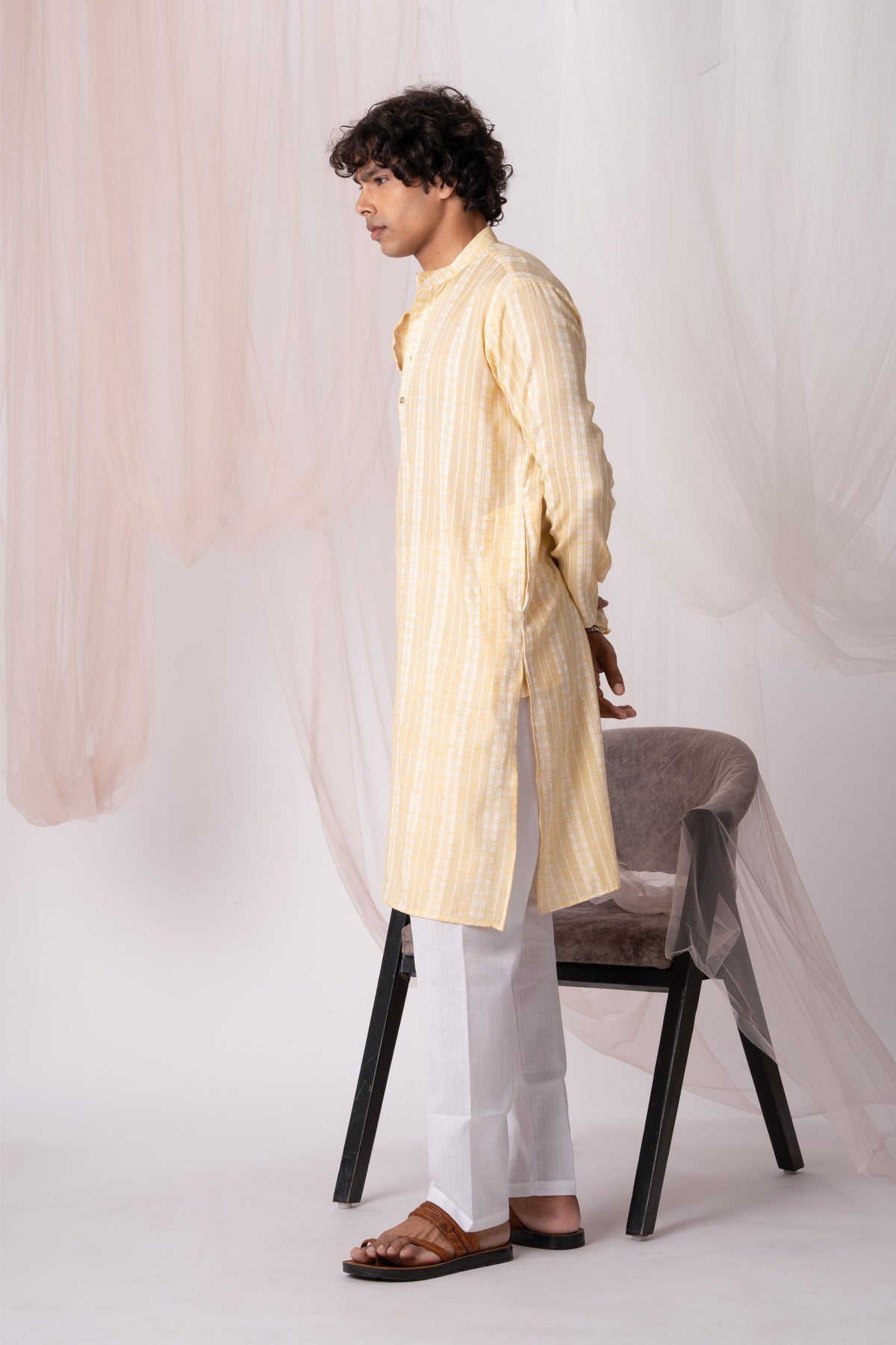 Lemon Yellow Pure Khadi Kurta For Men