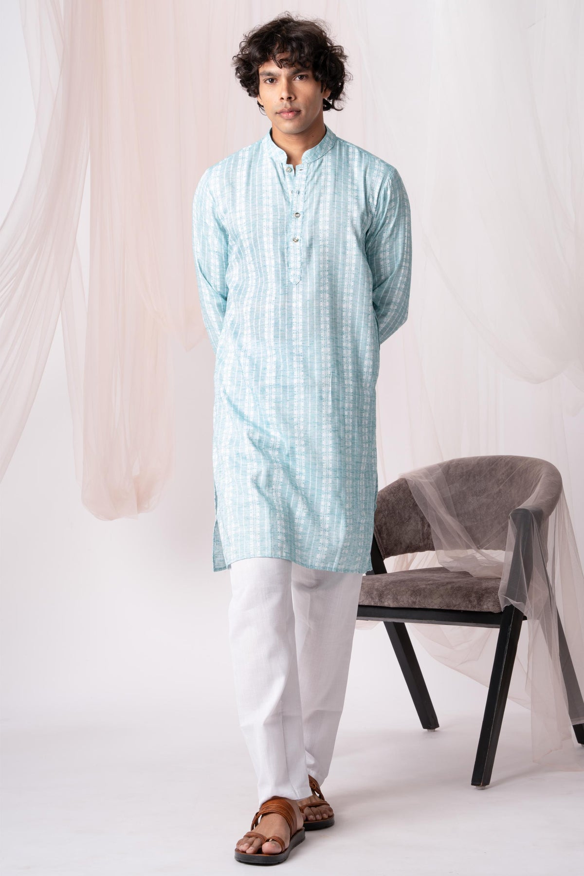 Light Blue Pure Khadi Kurta For Men