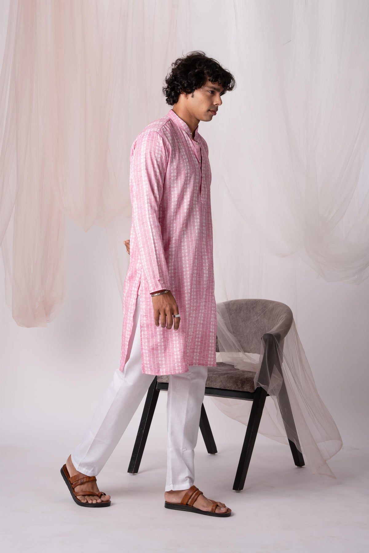 Light Hot Pink Pure Khadi Kurta For Men