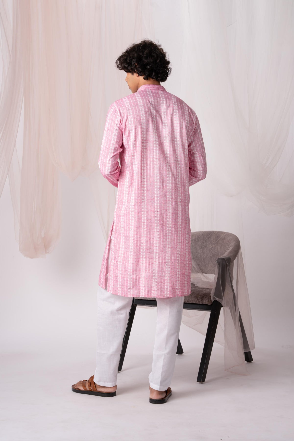 Light Hot Pink Pure Khadi Kurta For Men