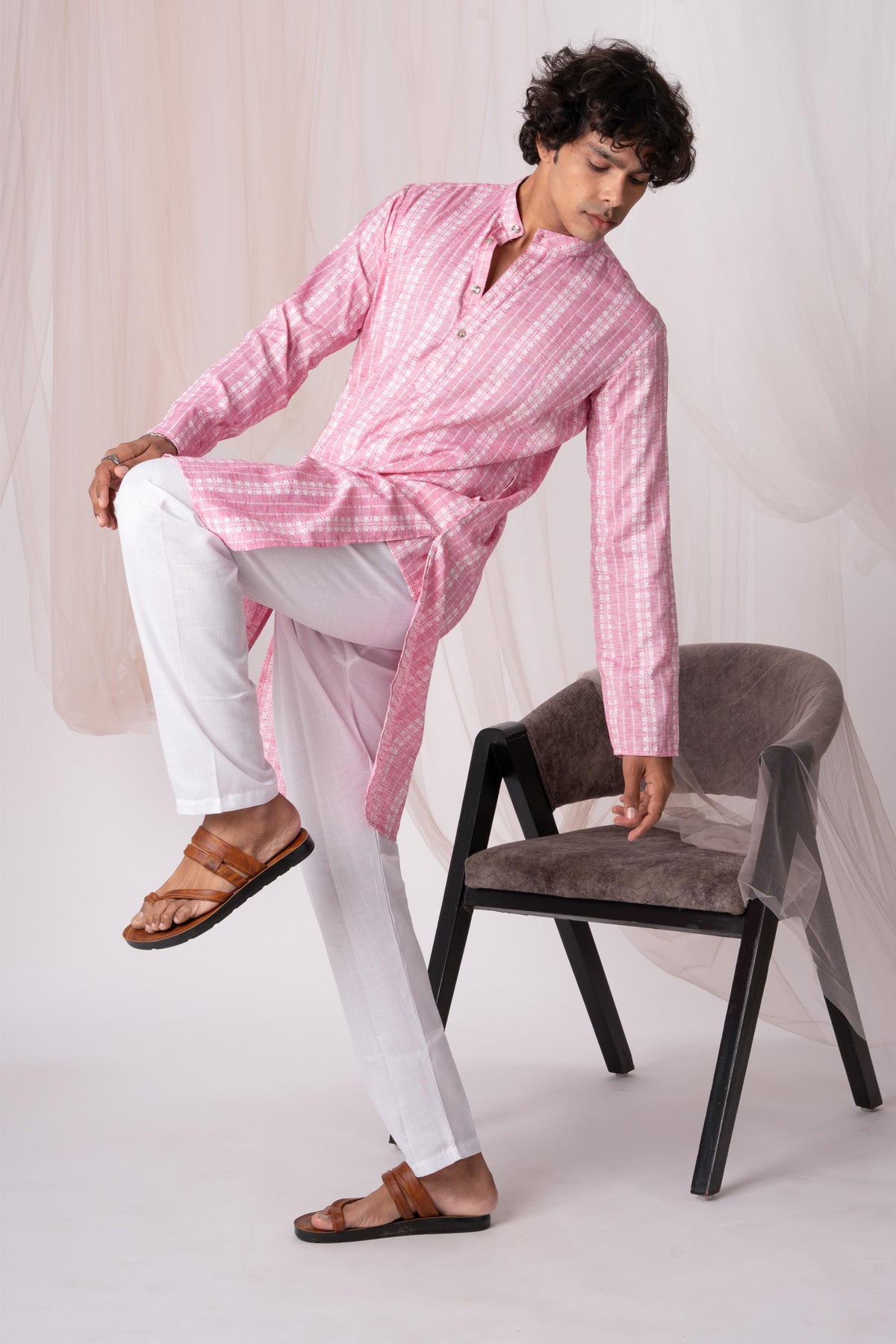 Light Hot Pink Pure Khadi Kurta For Men