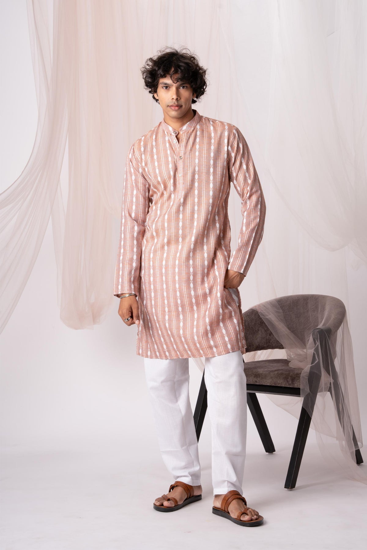 Pastel Pink Pure Khadi Kurta For Men