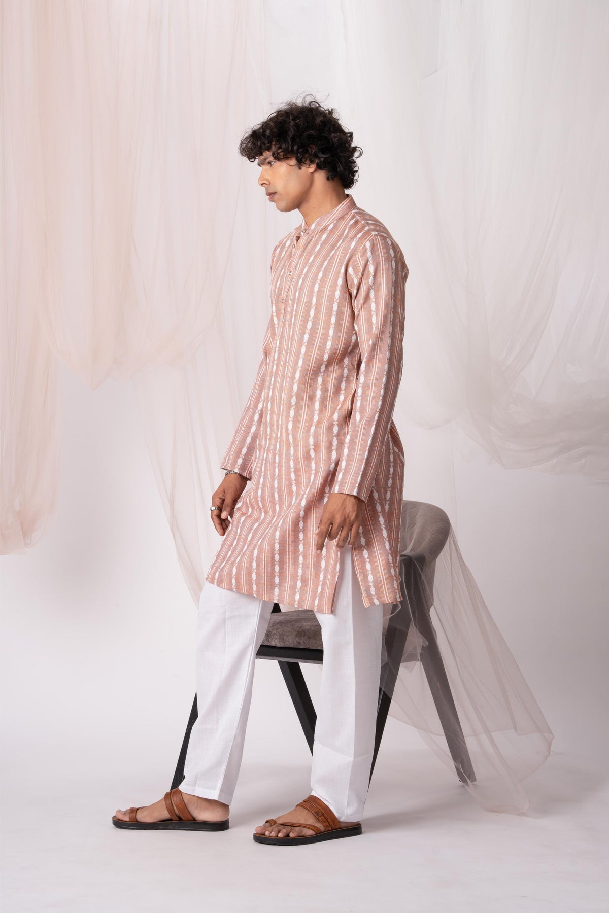 Pastel Pink Pure Khadi Kurta For Men