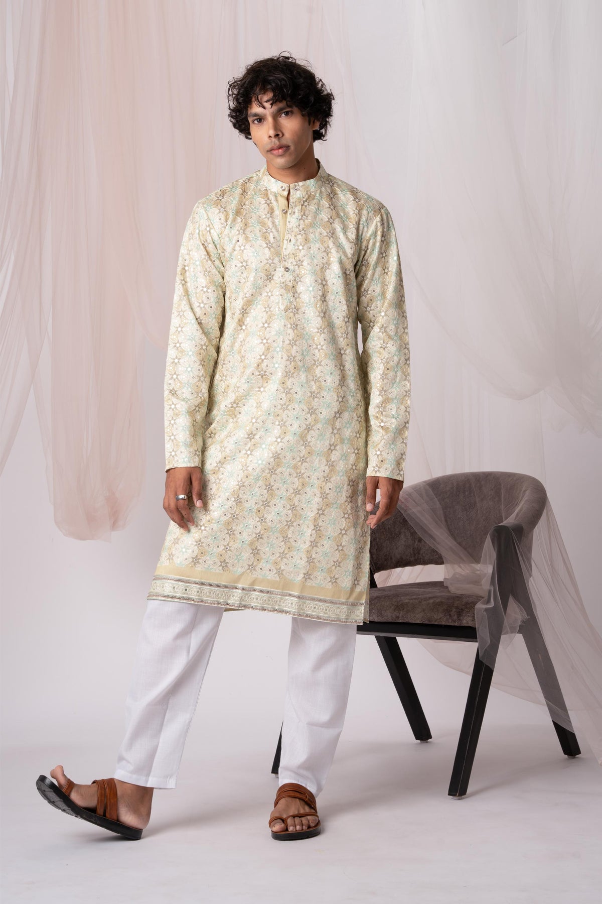 Light Green Position Print Kurta For Men